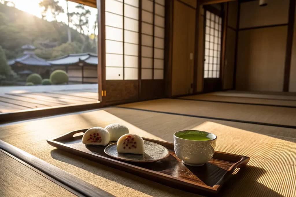  A serene conclusion showing the harmony of daifuku mochi (with anko filling) and green tea—a fitting end to any Japanese dessert experience.