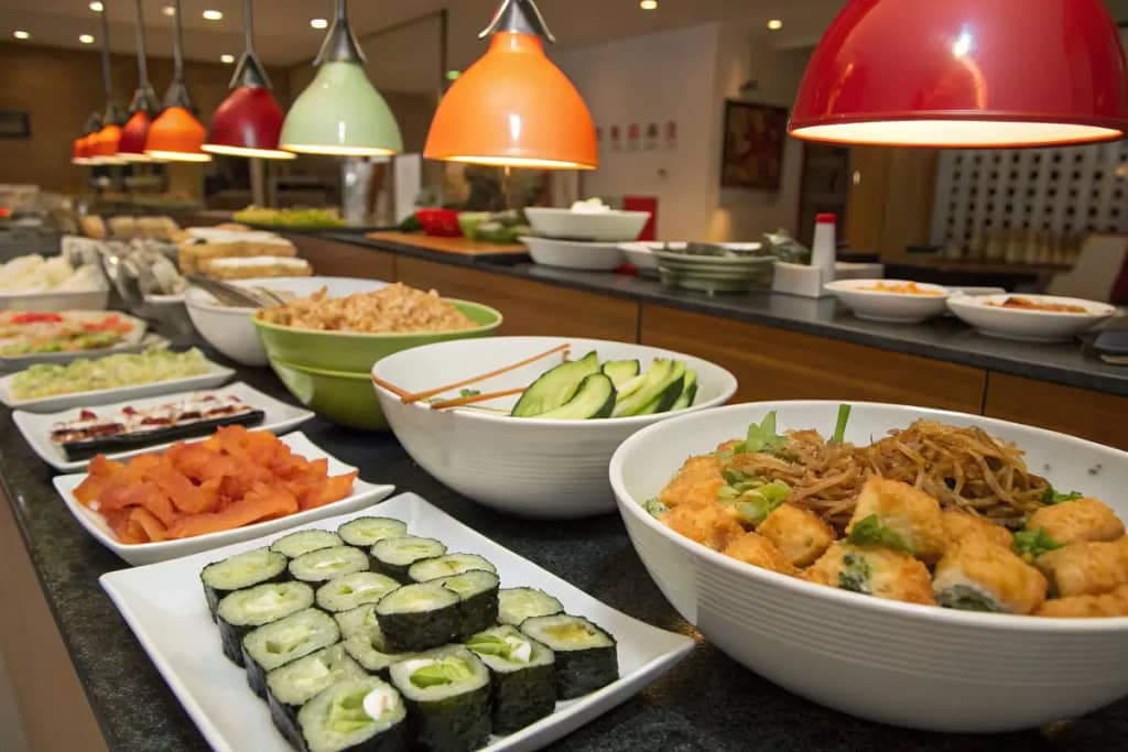 A spread of vegetarian Japanese dishes, including tofu, vegetable tempura, sushi rolls, and miso eggplant.