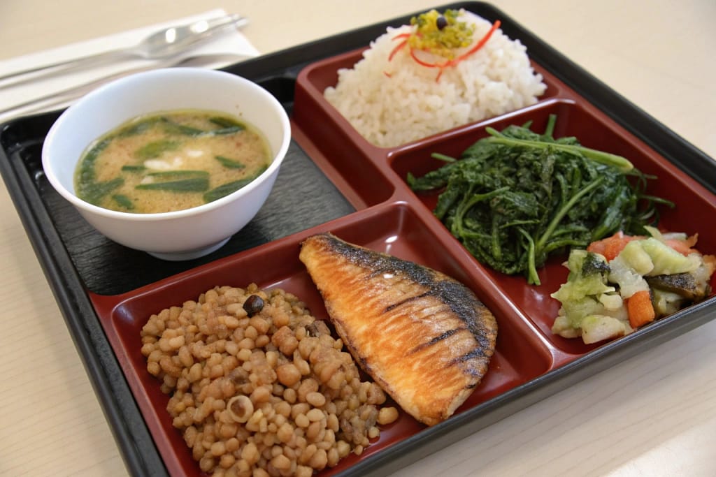 A traditional Japanese teishoku meal highlighting fermented and algae-based dishes, balancing flavor and nutrition.