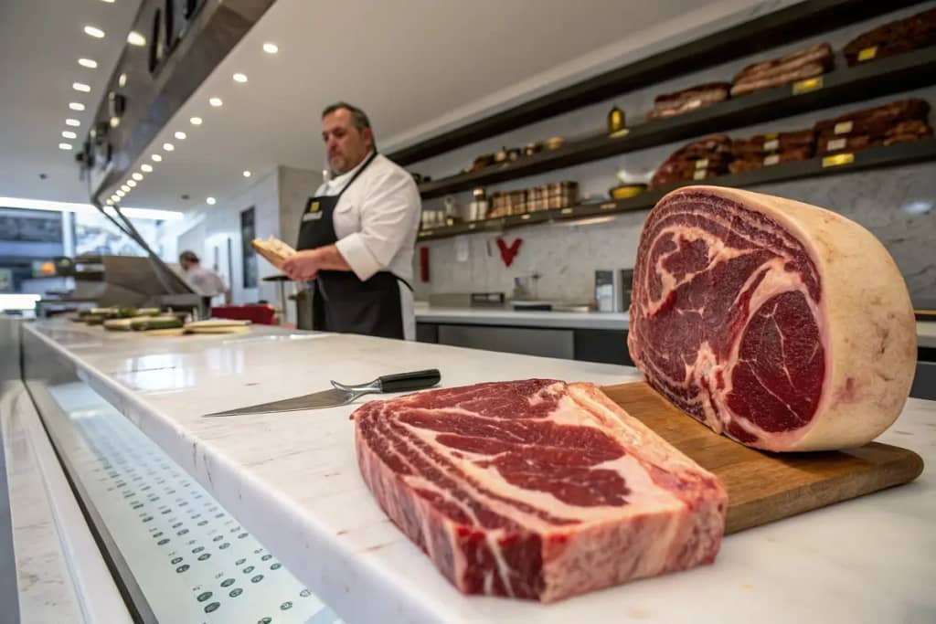  A butcher displaying a whole beef banana shank and a cut sample, emphasizing the elongated shape and connective tissues.