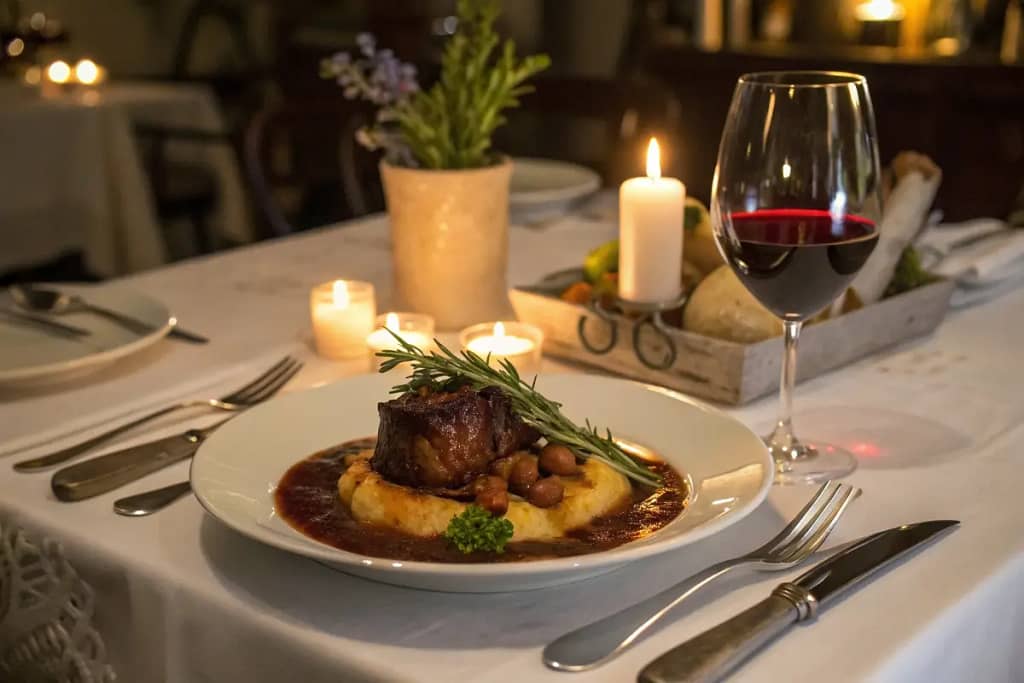  A beautifully plated braised beef banana shank, symbolizing the culmination of slow cooking and rich flavors, perfect for a comforting dinner.