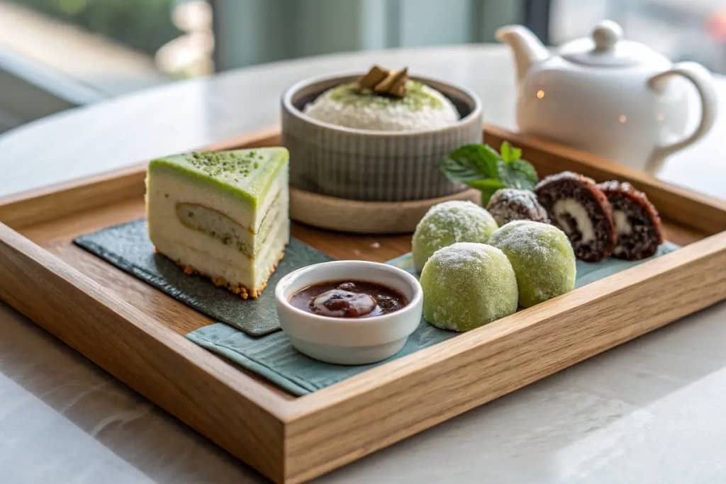  A charming, multi-dessert display representing the best Japanese desserts, from mochi to matcha cake and more.