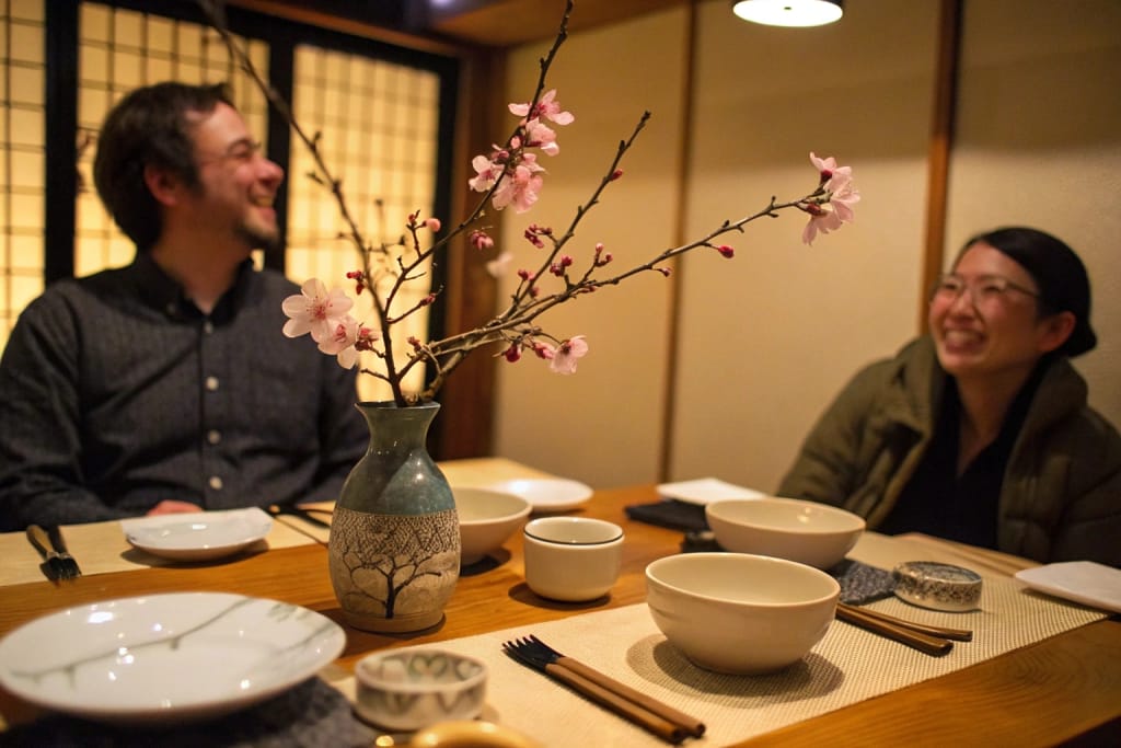 A serene tabletop scene after a fulfilling Japanese meal, symbolizing the harmony and satisfaction that Japanese cuisine brings.