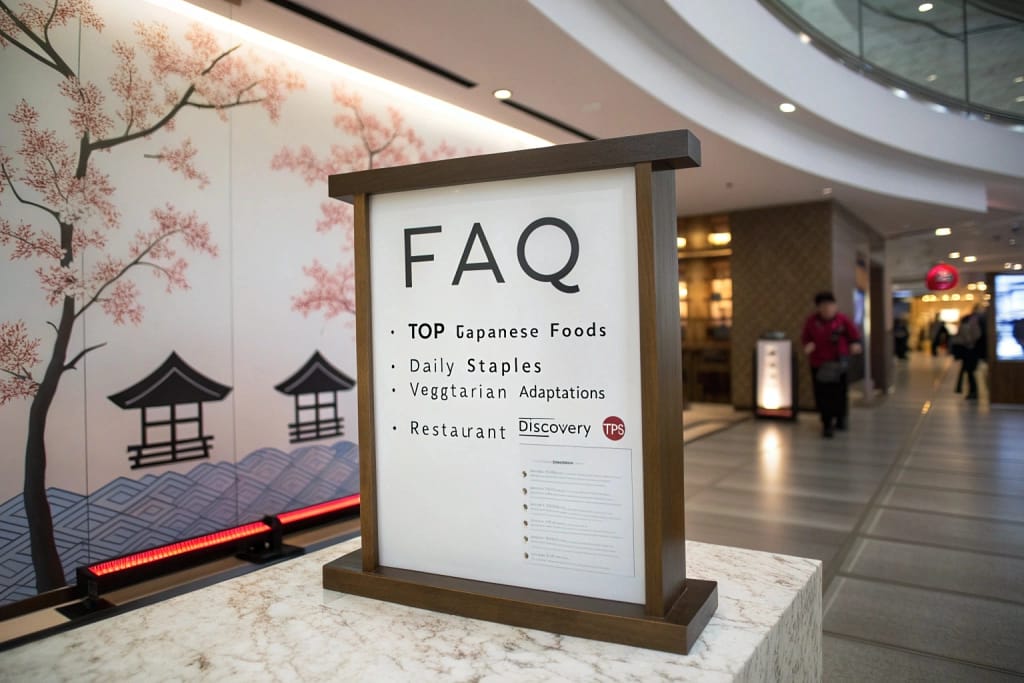 A Q&A board addressing common inquiries on Japan’s top dishes, vegetarian options, and tips for finding authentic Japanese eateries.