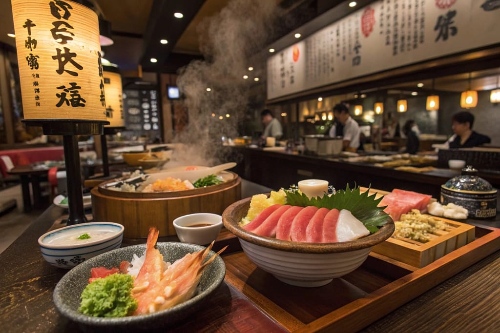 An array of popular Japanese foods—sushi, ramen, and tempura—on a central table in a bustling restaurant, capturing the essence of Japan’s diverse cuisine.