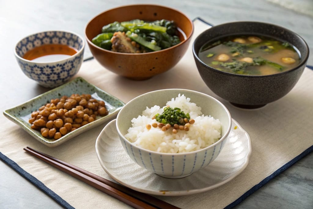 A tranquil Japanese tabletop featuring various biota-focused items—miso soup, natto rice, and pickled veggies—that perfectly conclude a culturally rich meal.