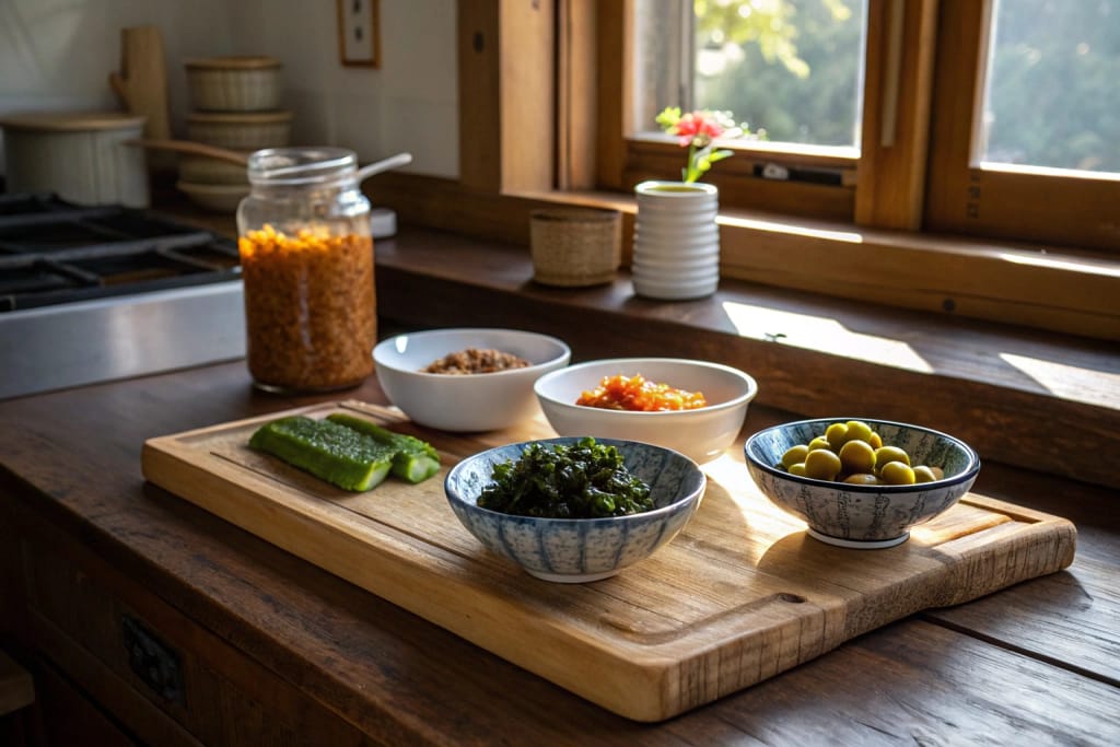 An assortment of key biota-based ingredients—natto, miso, seaweed, and pickles—arranged on a Japanese kitchen counter, symbolizing the microbial diversity in Japanese cuisine.