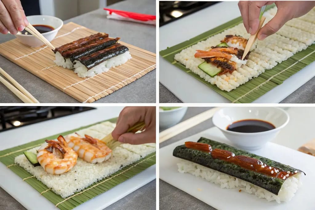  Step-by-step visuals guiding how to assemble and roll a black dragon roll, from layering the filling to adding the eel topping.