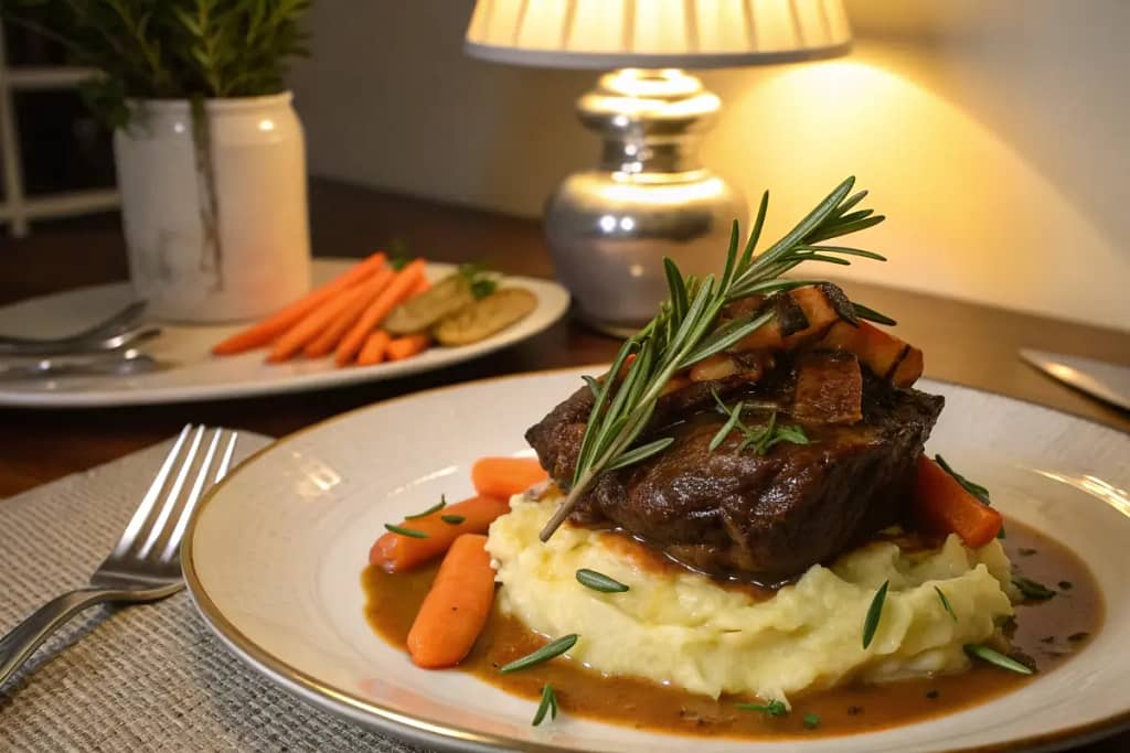  A finished braised beef banana shank meal garnished with herbs, demonstrating how slow cooking transforms this tough cut into a succulent dish.