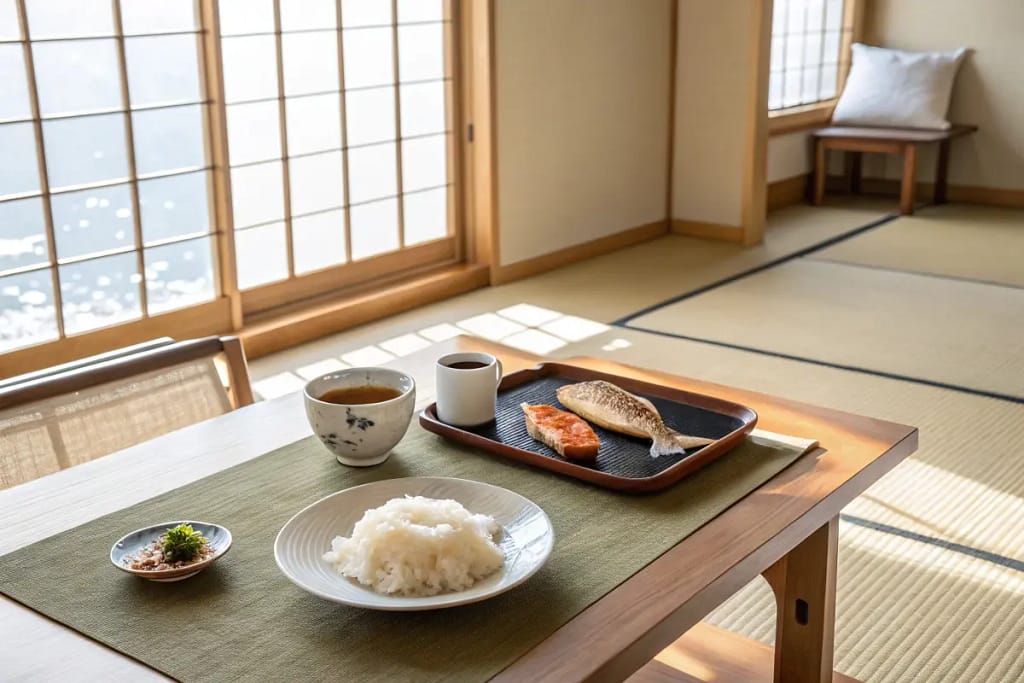 A traditional Japanese breakfast table setup featuring rice, grilled fish, and a Western touch of coffee.