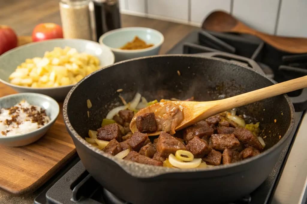 Step-by-step flavor-building process for Japanese beef curry, highlighting browned beef, sautéed onions, curry roux, and sweeteners.