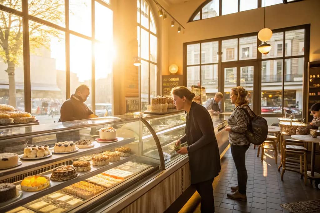 A bakery’s success story: customers enjoying vibrant cakes displayed within a high-quality cake display freezer, emblematic of proper storage and irresistible presentation.