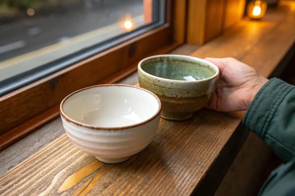 A direct comparison of two ceramic matcha bowls, each reflecting different materials, designs, and aesthetics to suit various preferences.