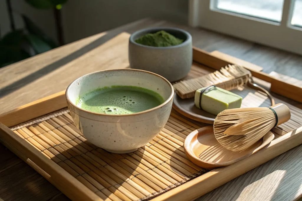  Concluding the matcha ritual: a calming vision of tea, sweet confections, and a dedicated ceramic matcha bowl, ready for daily enjoyment.