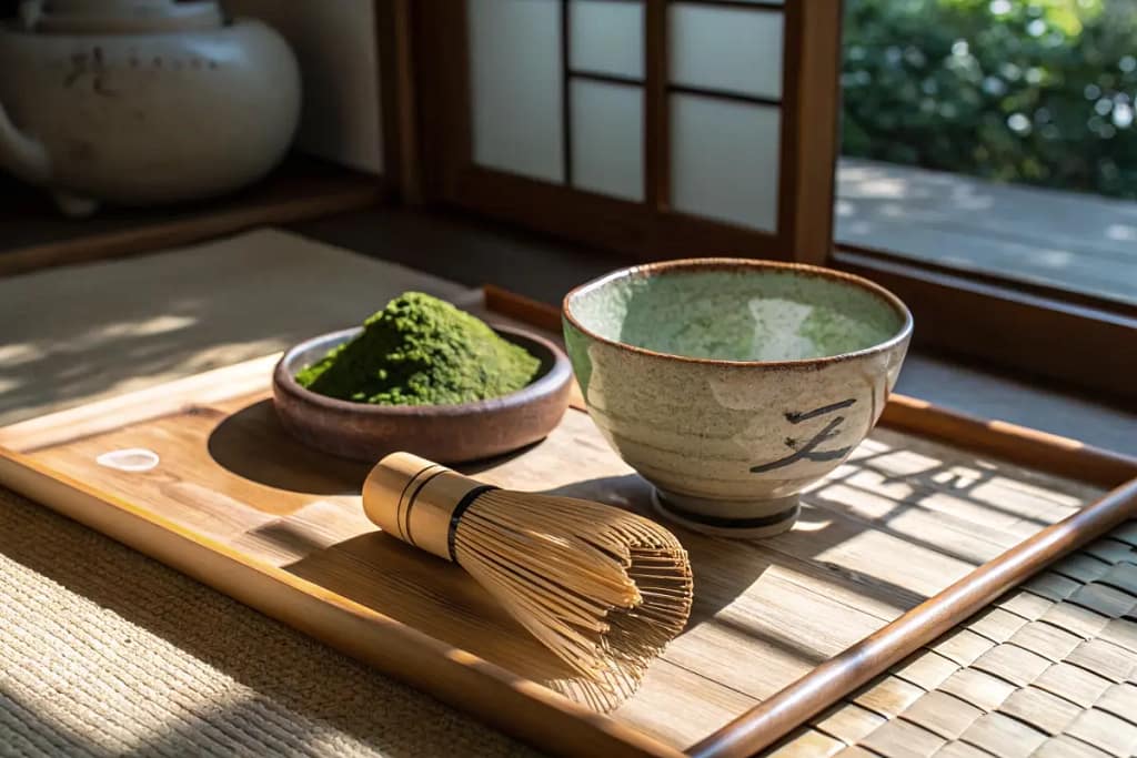  Ceramic matcha bowl set next to a traditional whisk, inviting you into the calming ritual of preparing finely ground green tea.