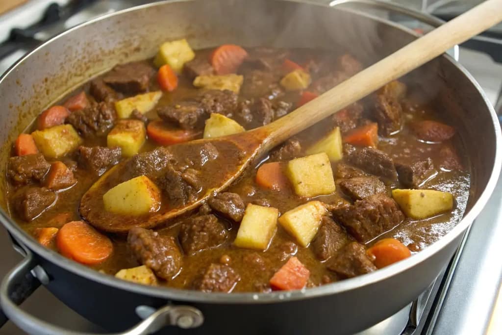 A comforting pot of Japanese beef curry cooking on the stovetop, with vegetables and beef immersed in a rich, simmering sauce.