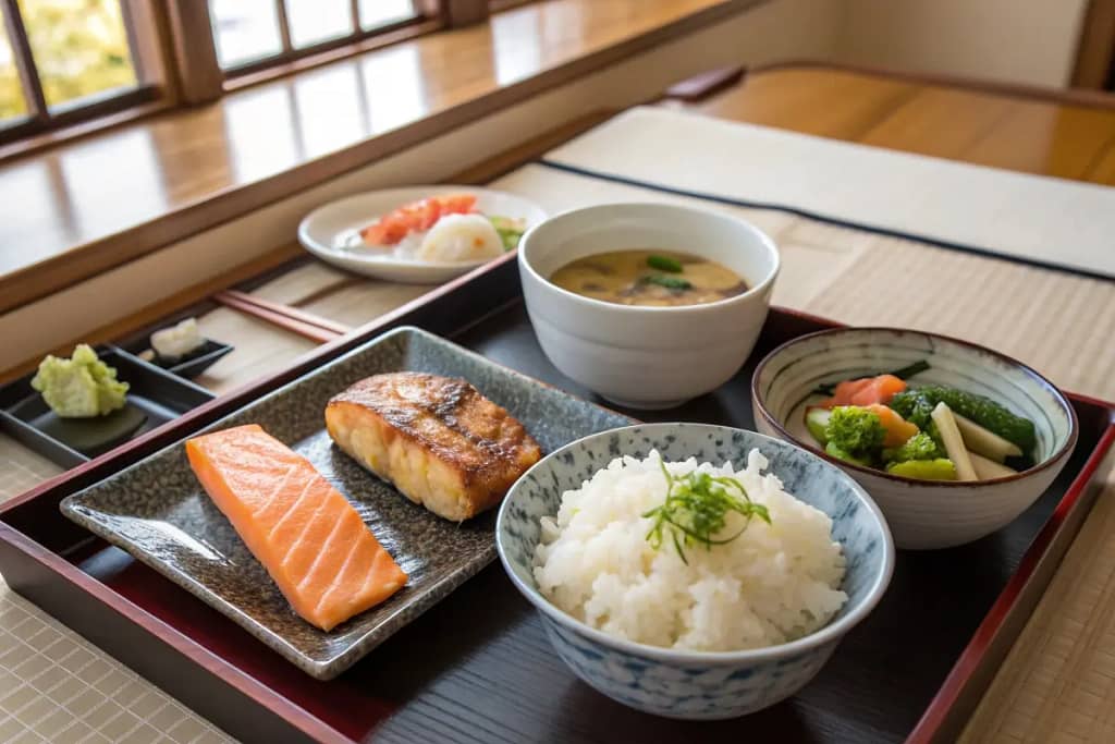 A classic Japanese breakfast tray featuring rice, miso soup, fish, and pickled vegetables, embodying balanced simplicity.