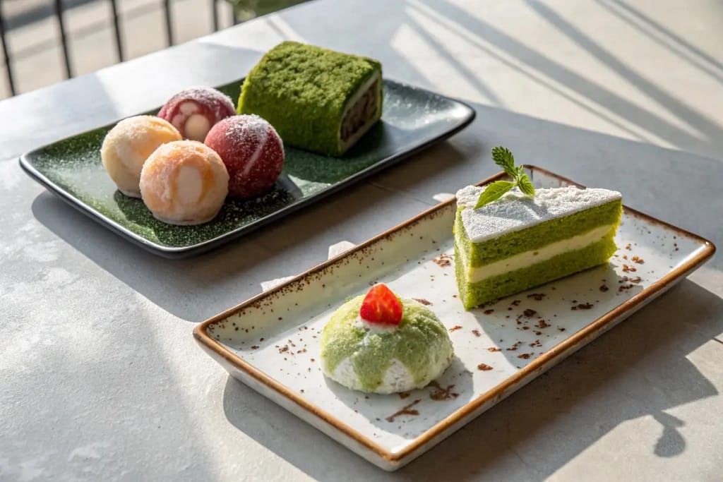  Contrasting classic wagashi with a modern Japanese cheesecake and matcha roll cake, highlighting the dual nature of Japanese desserts.