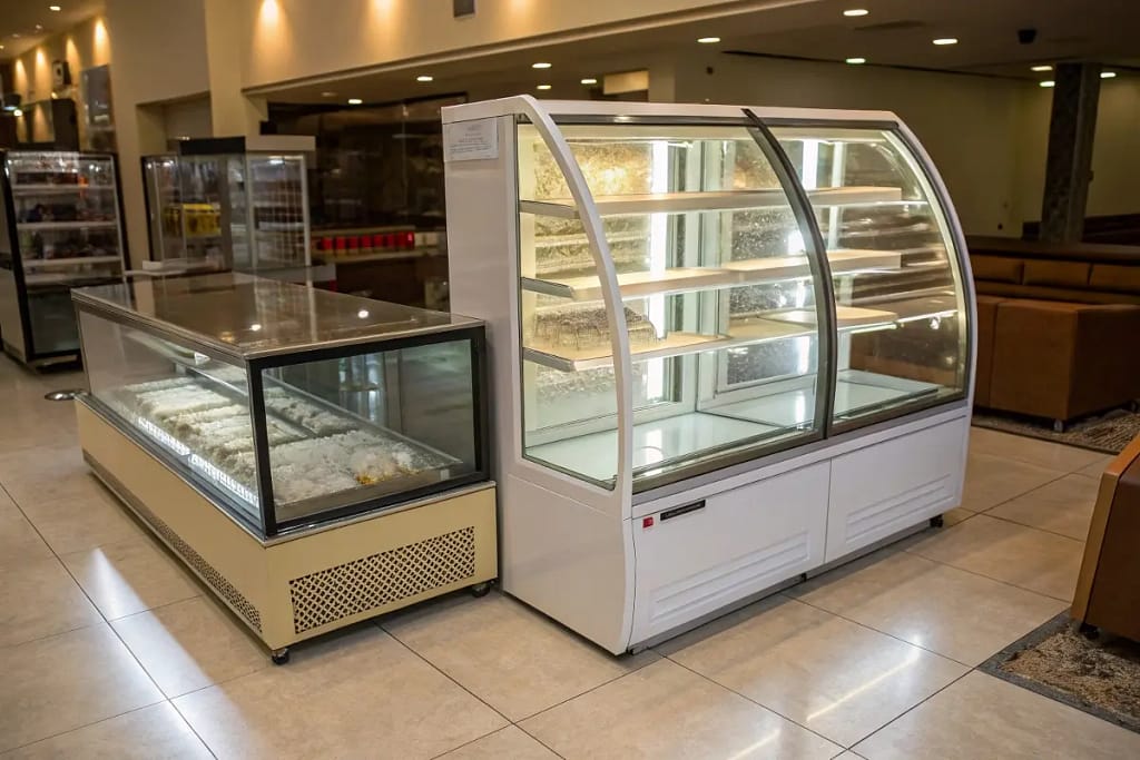  Two cake display freezers compared in size and style, helping buyers visualize the best fit for their bakery or café needs.