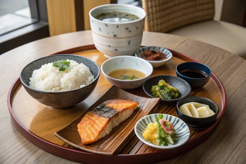 A traditional Japanese breakfast spread featuring rice, fish, miso soup, egg dishes, and pickled vegetables on a round table.