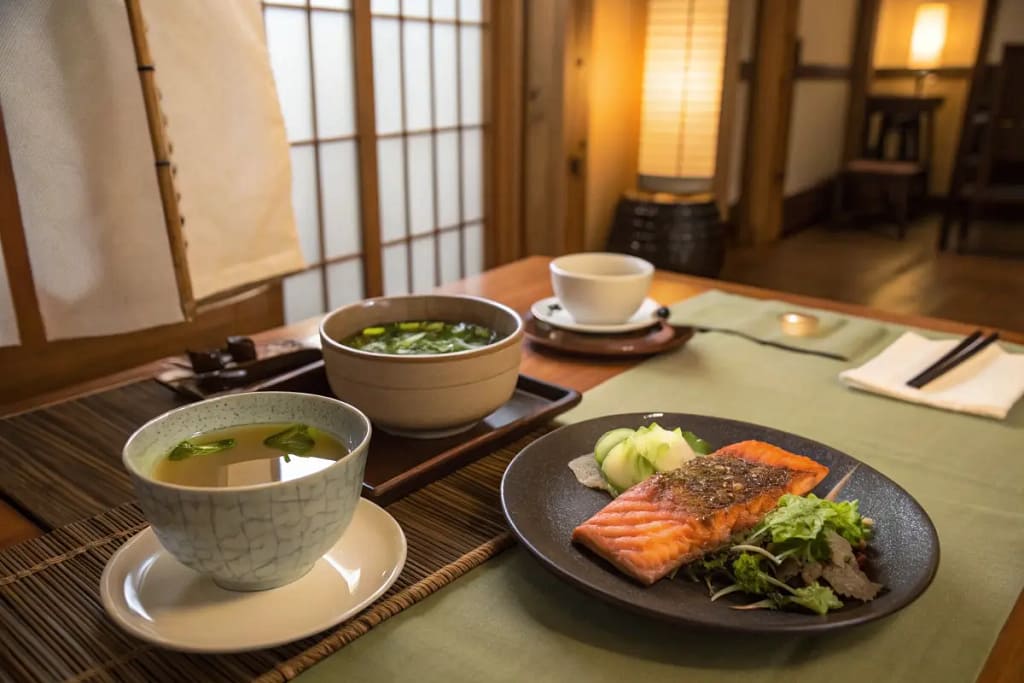 A final dining scene showcasing healthy Japanese dishes and a tranquil ambiance, symbolizing the balance of flavor and wellness.