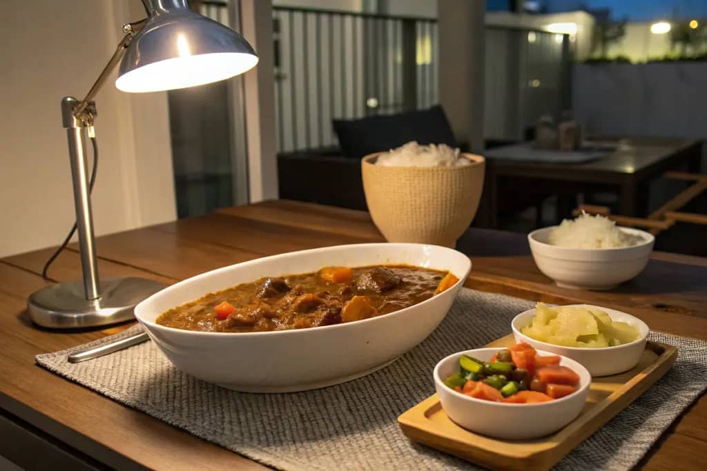  A final table setting with Japanese beef curry as the centerpiece, highlighting its inviting and communal nature.