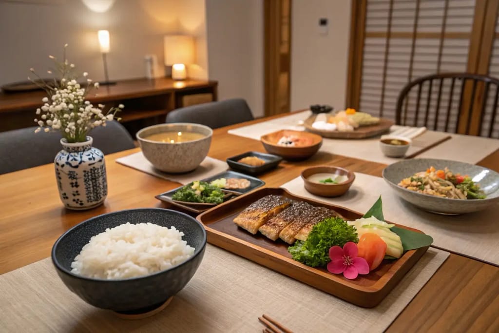 Concluding image of a diverse Japanese breakfast spread, symbolizing balance and variety.