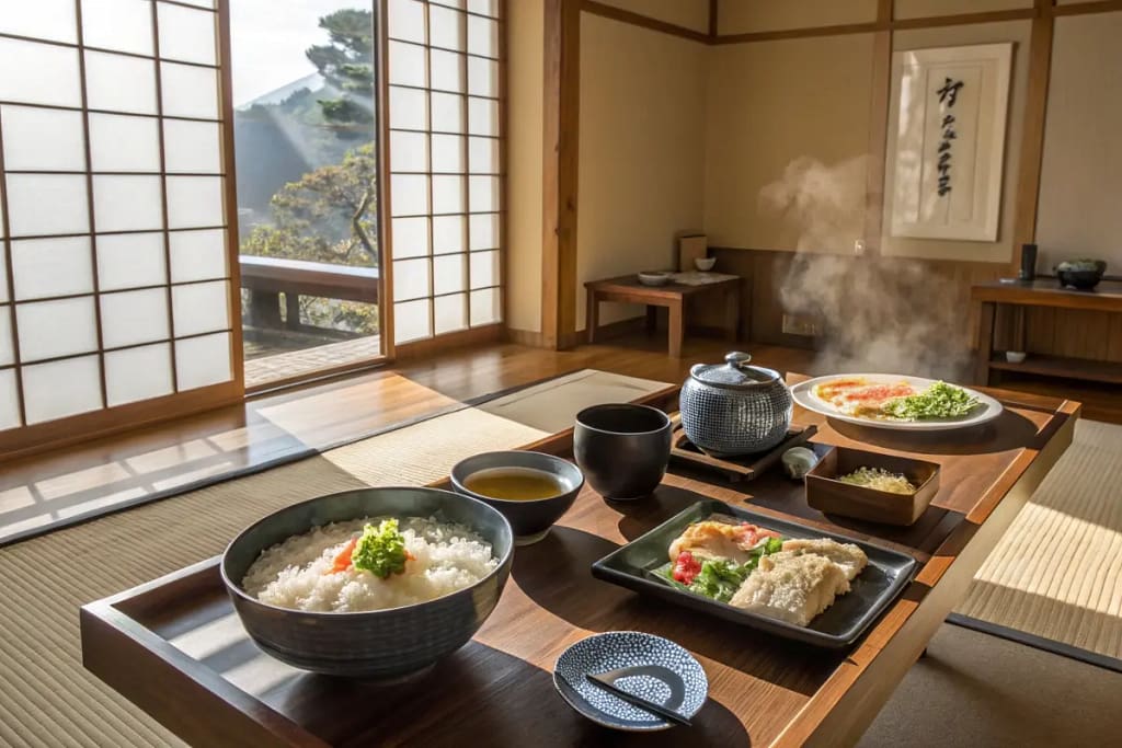 A low wooden table in a serene setting, showcasing a complete Japanese breakfast and emphasizing the harmony of flavors.