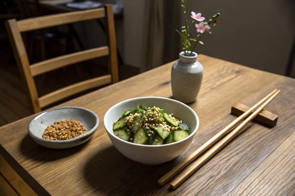  A final, inviting tablescape featuring Japanese cucumber salad as a crisp, tangy highlight to any meal.