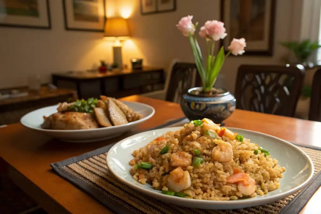  A comforting conclusion scene showcasing two servings of Japanese fried rice with different proteins, inviting diners to enjoy.