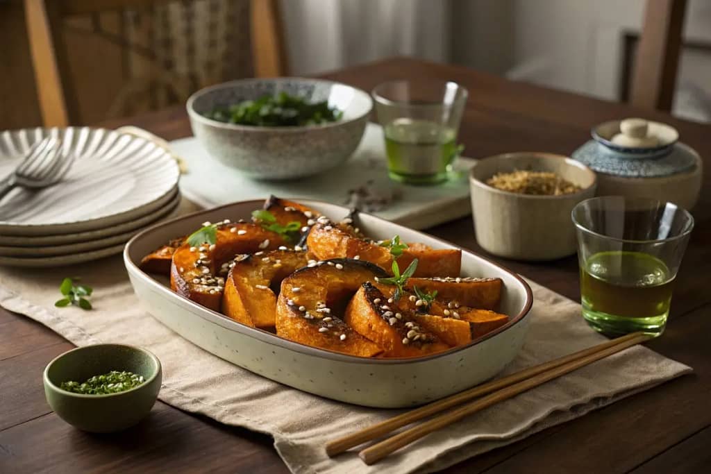  A final presentation of roasted Japanese pumpkin (kabocha) serving as the star of a cozy, inviting dinner.