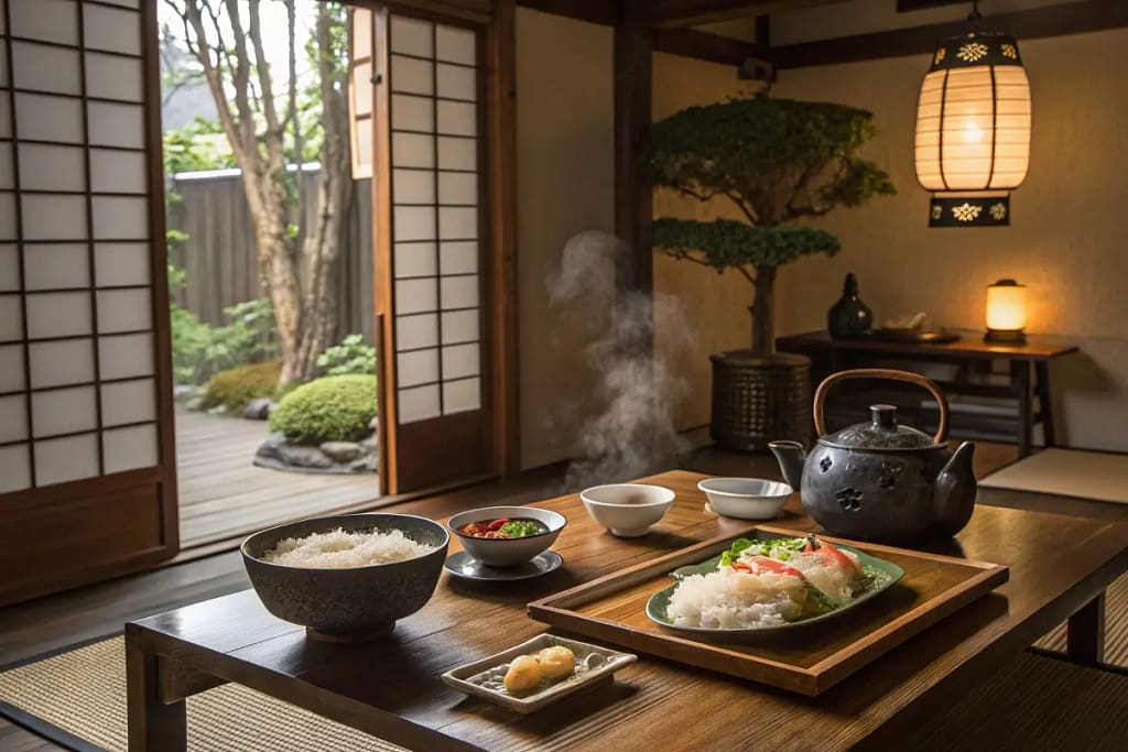 A serene conclusion image showcasing a low table filled with classic Japanese dishes, inviting readers to explore more recipes.