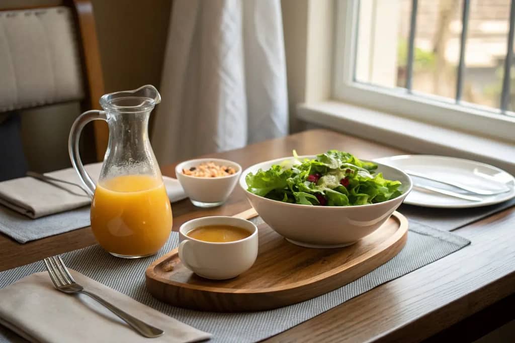  A final presentation scene showing two types of Japanese salad dressing—ginger and sesame—alongside a fresh green salad ready for serving.