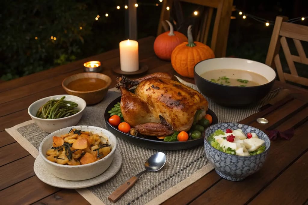 A final glimpse of a hybrid Thanksgiving-inspired dinner in Japan, combining roasted chicken with local Japanese side dishes.