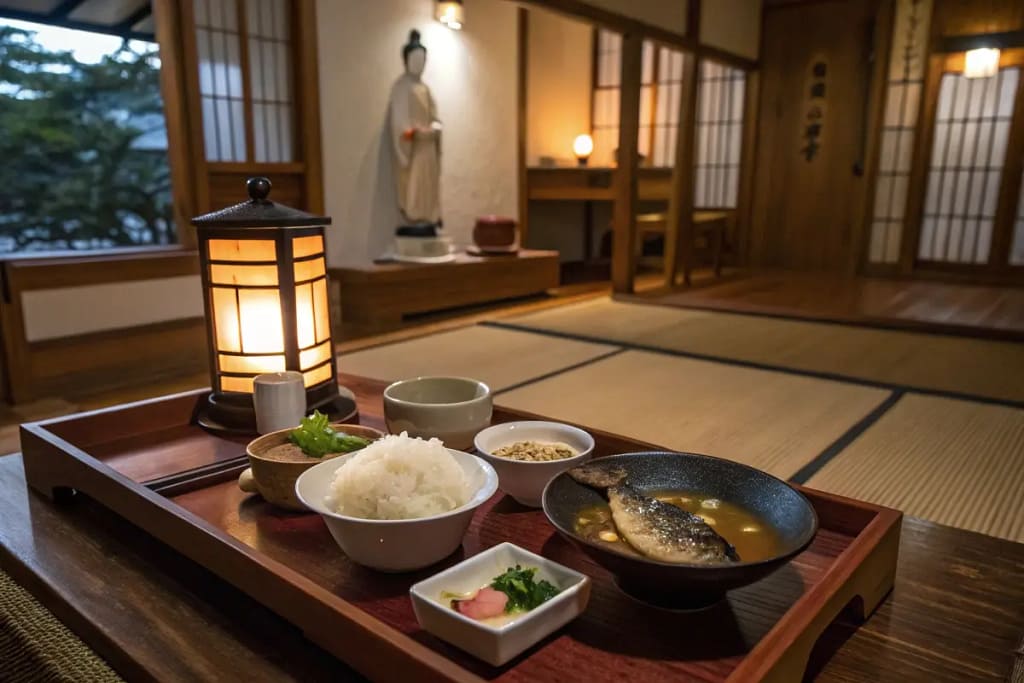  A tranquil scene symbolizing the understated yet profound role Shinto plays in Japanese food culture and everyday dining.