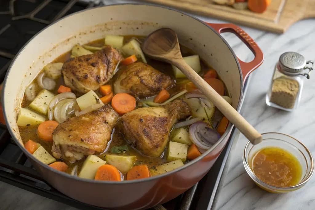 Step-by-step process for making Japanese chicken curry, showing browned chicken, simmering vegetables, and roux being added for thickening.