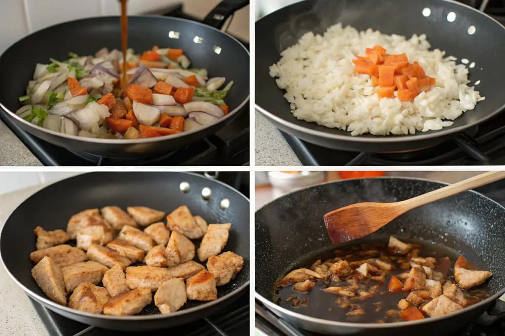 Four-step visual guide showing proteins, veggies, rice, and sauces being combined to make Japanese fried rice.
