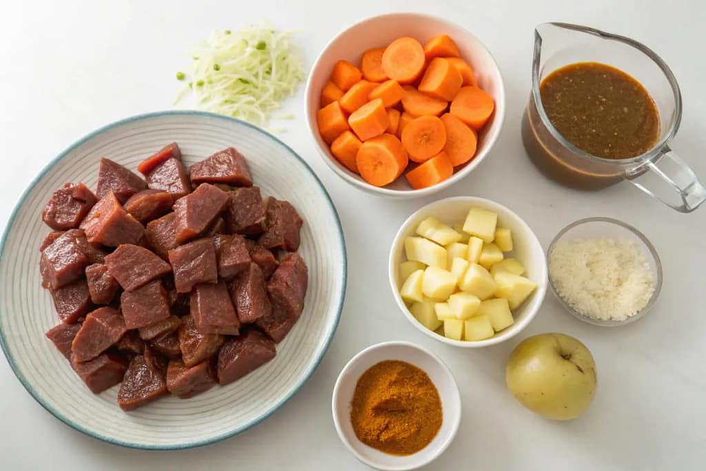  Fundamental ingredients for Japanese beef curry, including beef, carrots, potatoes, onions, and a homemade curry roux for added richness.