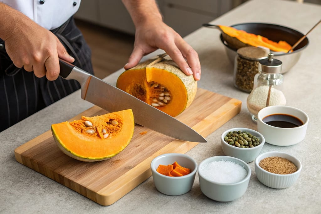 Demonstrating how to safely cut kabocha squash, preparing it for various cooking methods.