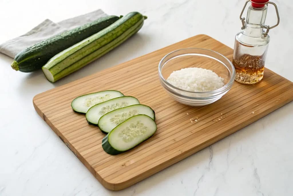  Essential components for sunomono, featuring thinly sliced Japanese cucumbers and a light vinegar-based dressing with subtle sweetness.