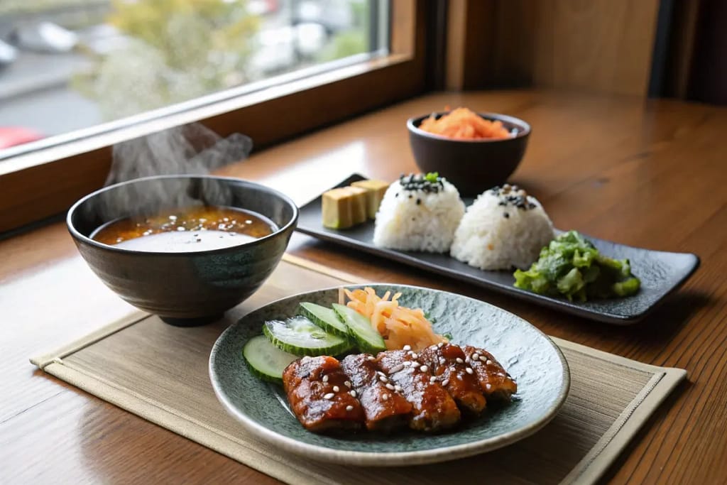 A display of easy Japanese meals featuring miso soup, teriyaki chicken, onigiri, and pickled vegetables.