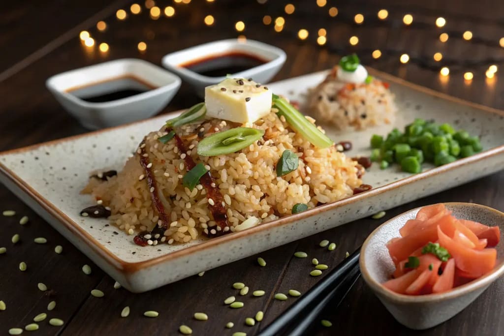 A refined presentation of Japanese fried rice, enhanced with garnishes and sauces for a gourmet touch.