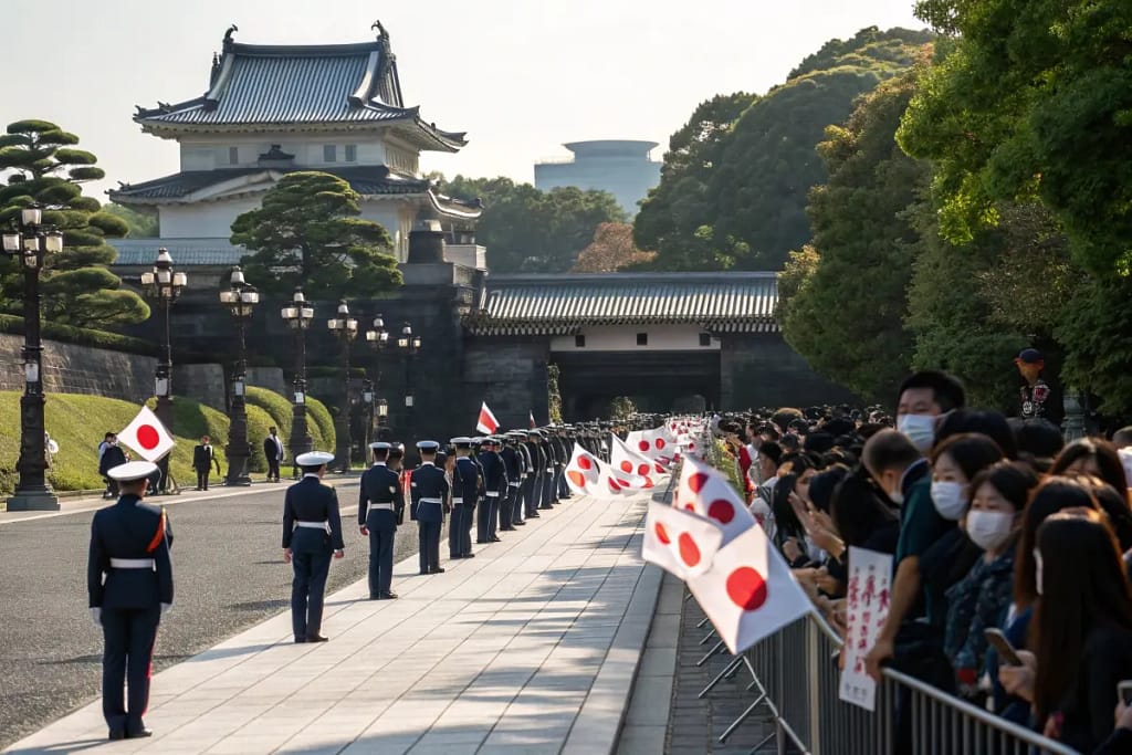 Citizens waiting to enter the Imperial Palace on the Emperor’s Birthday, showcasing unity and ceremonial reverence.