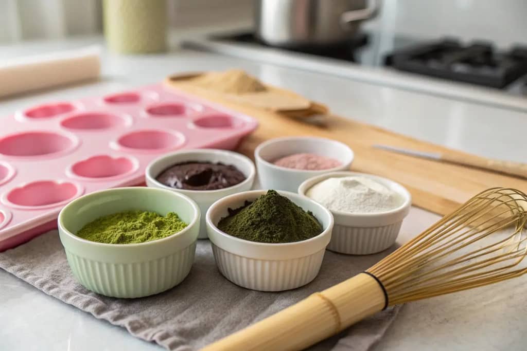  Core ingredients and utensils essential for creating a variety of Japanese desserts, from mochi-based treats to matcha pastries.