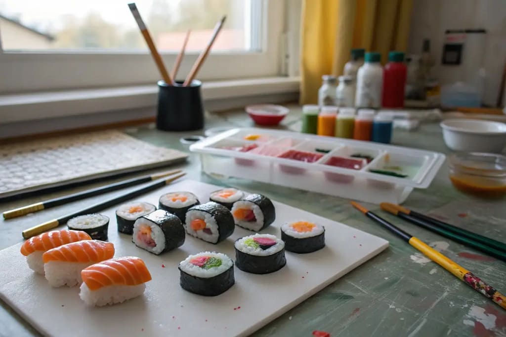  A glimpse into the meticulous craft behind Japanese fake food sanpuru, featuring hand-painted sushi replicas in progress.