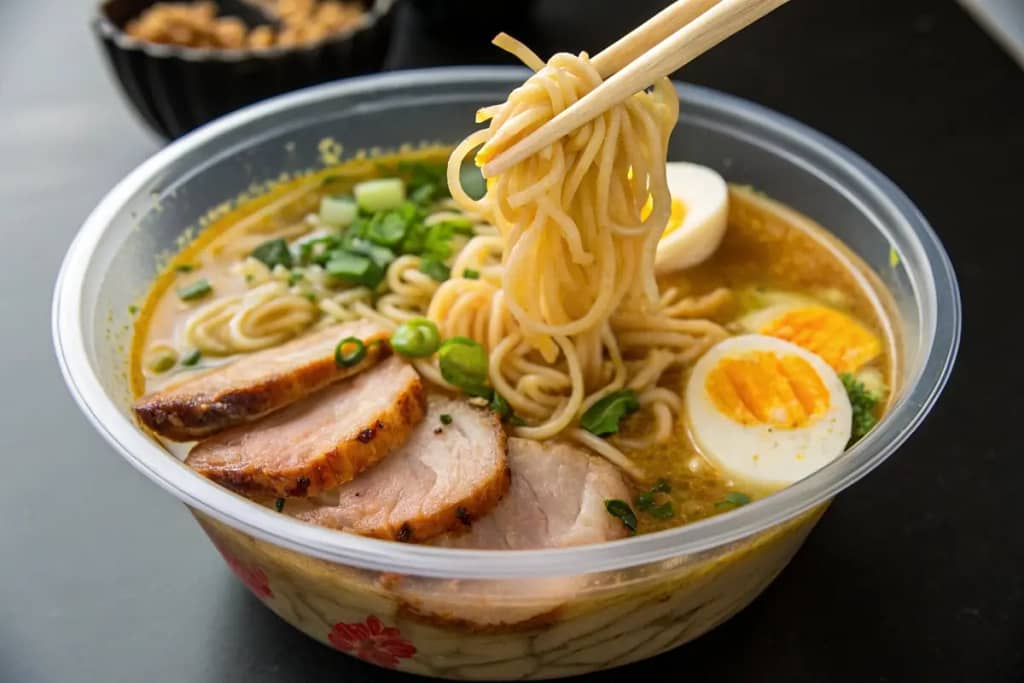  A near-perfect imitation ramen bowl, emphasizing the lifelike textures and arranged components in Japanese fake food.