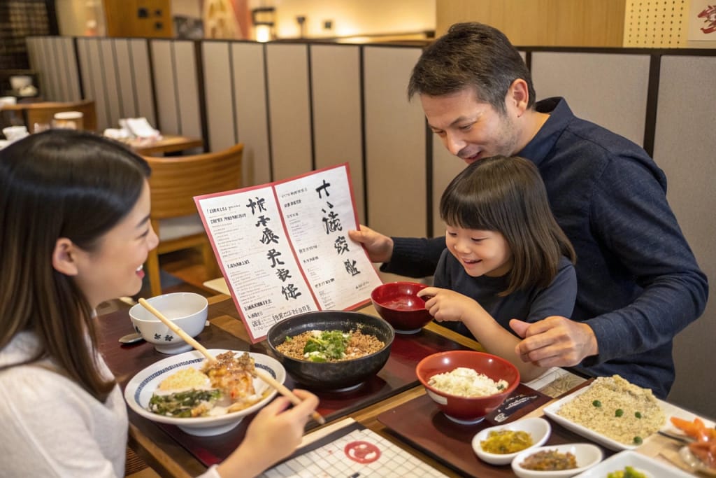 A family engaging with kanji menu characters at a Japanese restaurant, illustrating practical use of food-related kanji in everyday dining.