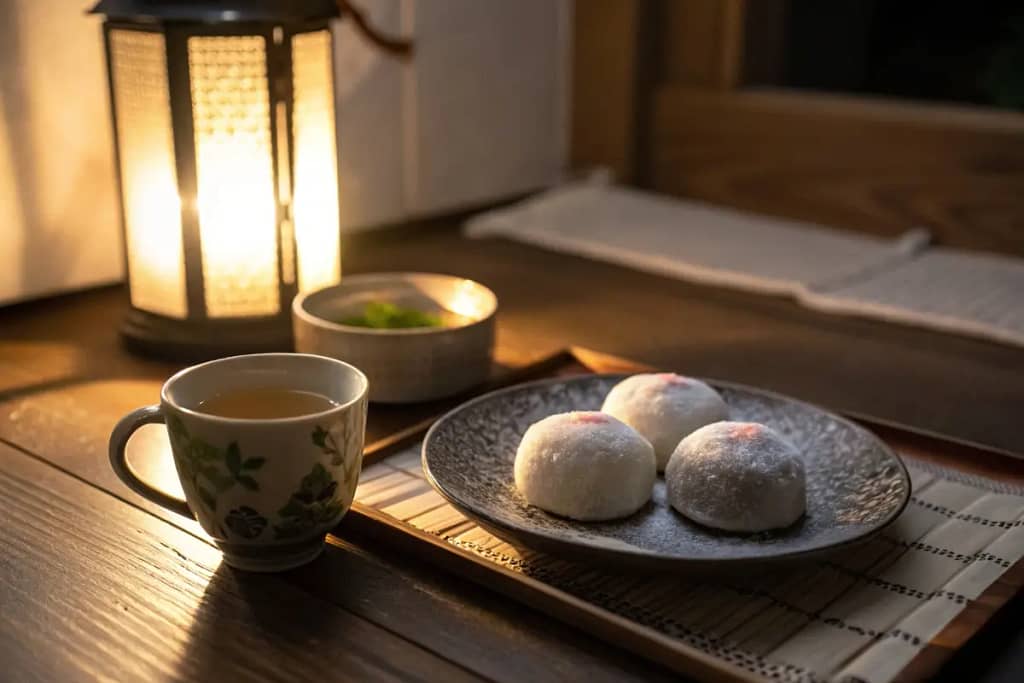  A serene final note, symbolizing how Japanese desserts elegantly complete the dining experience with subtle sweetness.