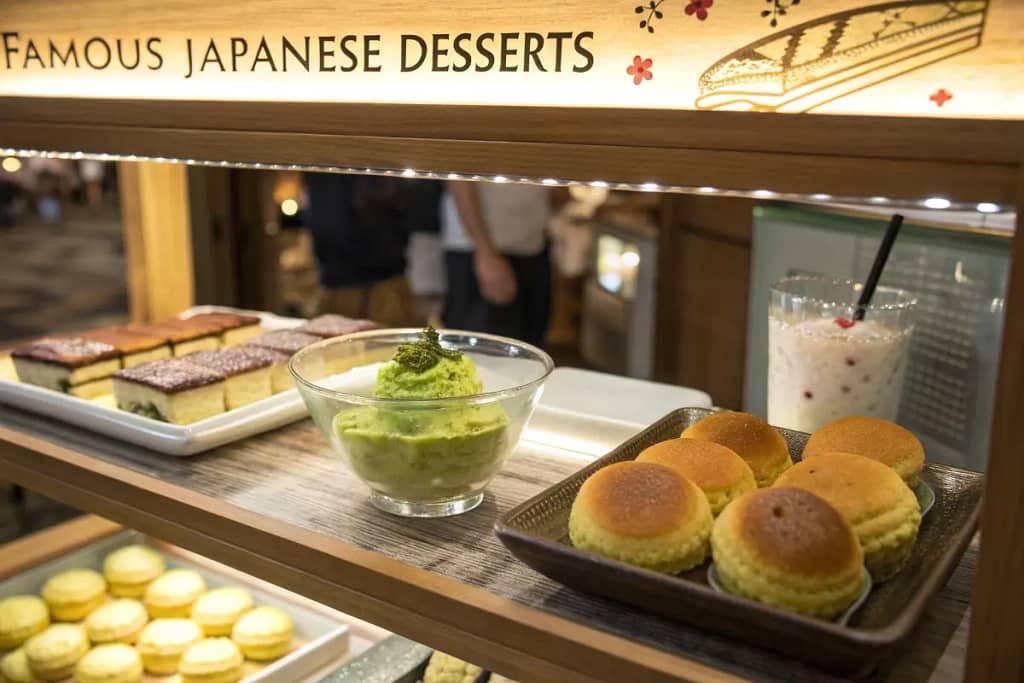  A snapshot of some best-loved Japanese desserts, from bean paste pastries to matcha-based sweets, displayed in a contemporary café setting.