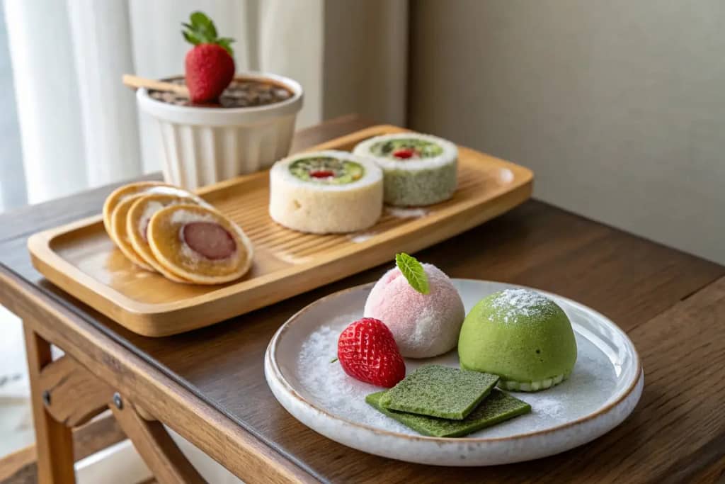  A welcoming spread of famous Japanese desserts, featuring mochi, matcha cake, and dorayaki.